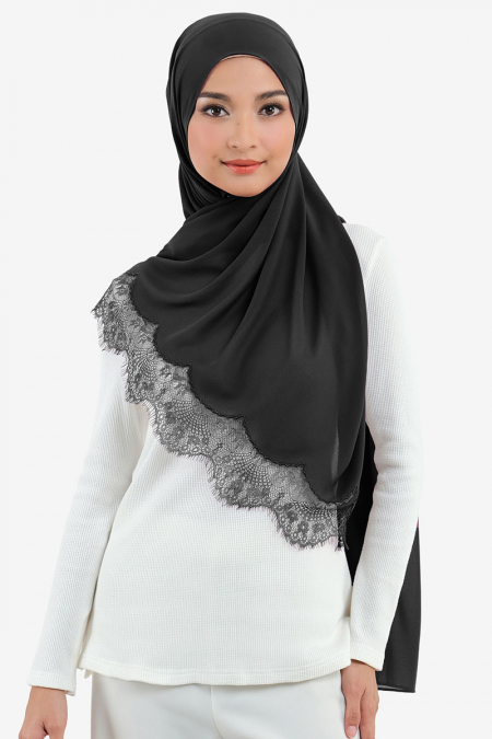 Farhana Lace Embroidered Headscarf - Black