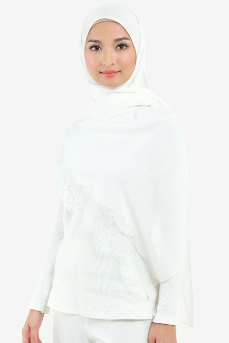 Farhana Lace Embroidered Headscarf - Off White