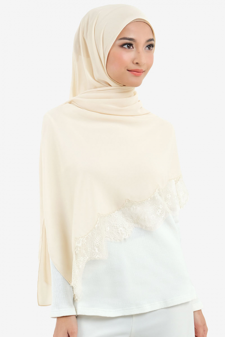 Farhana Lace Embroidered Headscarf - Oat Milk