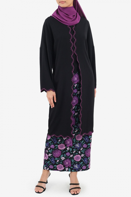 Komala Blouse & Skirt - Black/Purple Print