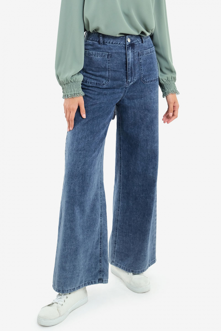 PRE-ORDER COTTON Naveya Wide Legged Pants - Denim Wash