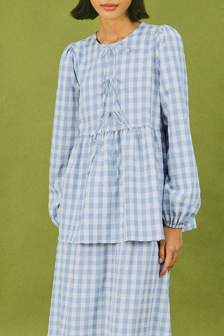 Sarafina Gathered Waist Blouse - Blue Checkered