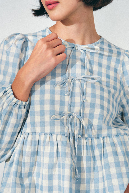 Sarafina Gathered Waist Blouse - Blue Checkered