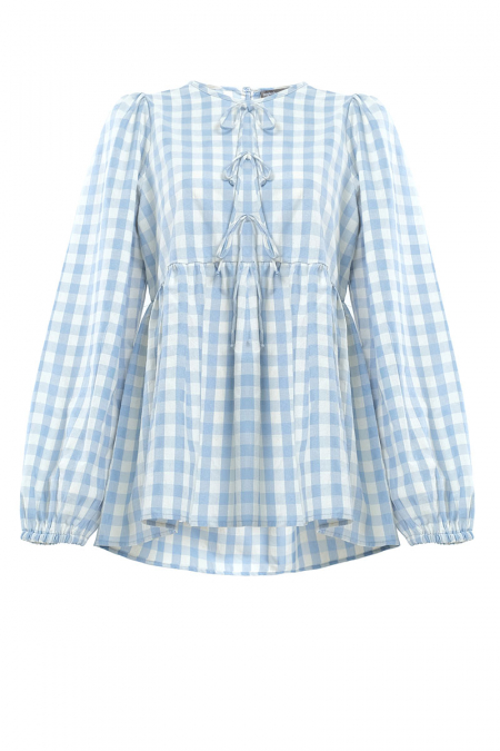 Sarafina Gathered Waist Blouse - Blue Checkered