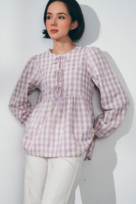 Sarafina Gathered Waist Blouse - Purple Checkered