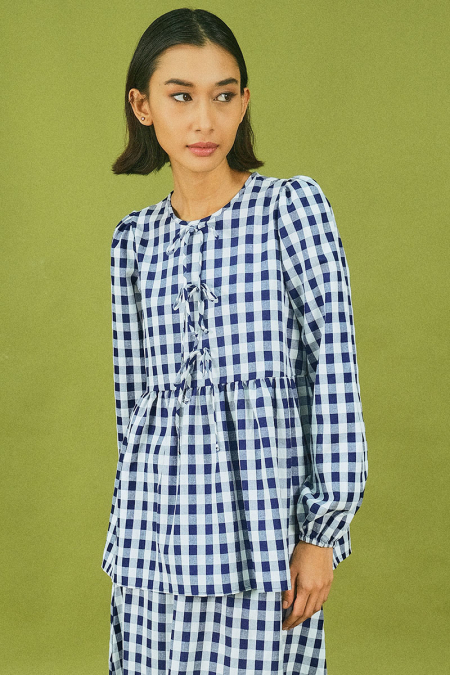 Sarafina Gathered Waist Blouse - Navy Checkered