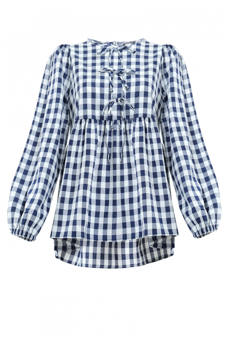 Sarafina Gathered Waist Blouse - Navy Checkered