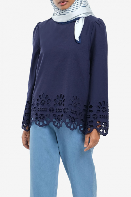 Francetta Embroidered Hem Blouse - Navy