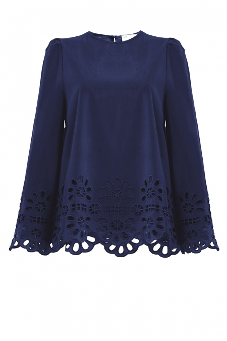 Francetta Embroidered Hem Blouse - Navy