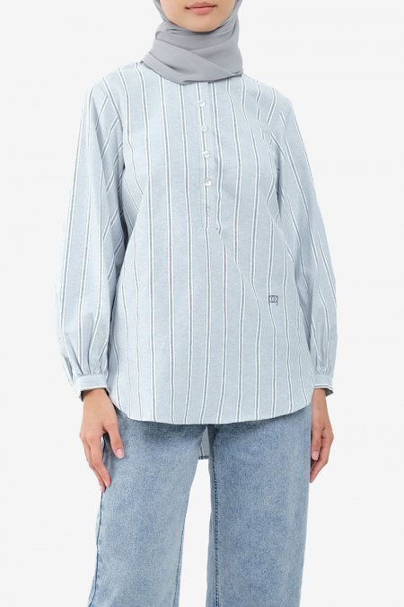 Hanley Curved Hem Blouse 2.0 - Mist Blue Stripes