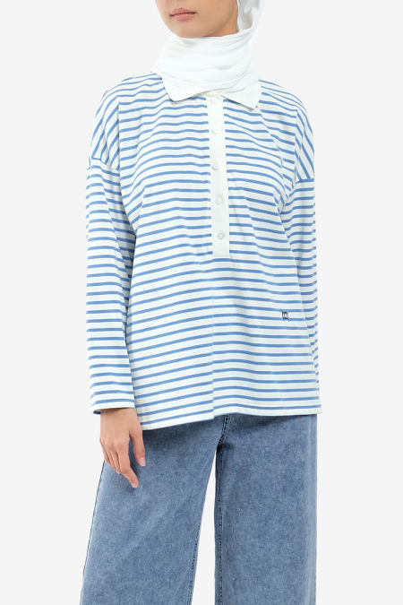 Darian Drop Shoulder Polo Top - White/Blue Lines