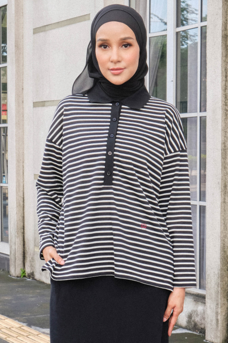 Darian Drop Shoulder Polo Top - Black/White Lines