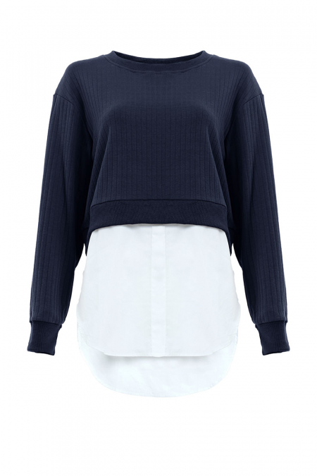 Noralynn Round Neck Blouse - Navy/White