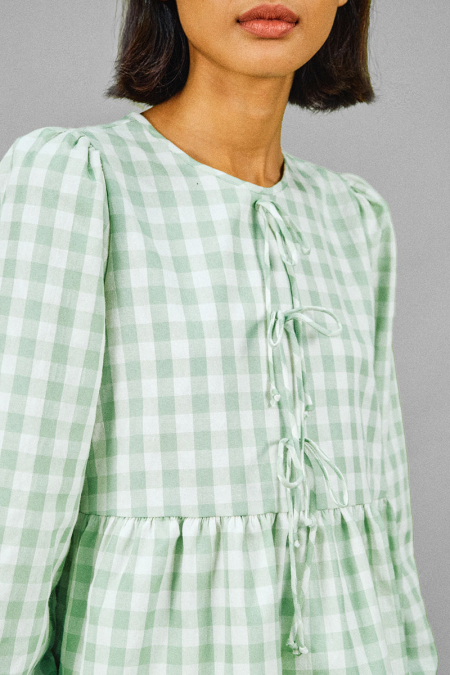 Sarafina Gathered Waist Blouse - Mint Checkered