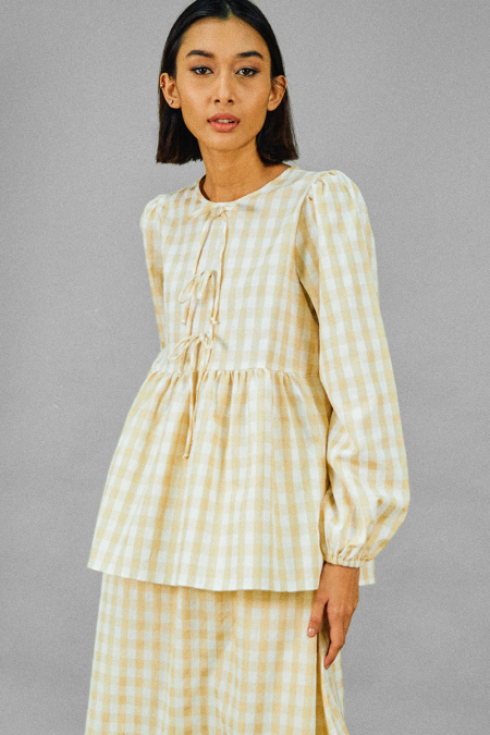 Sarafina Gathered Waist Blouse - Sand Checkered