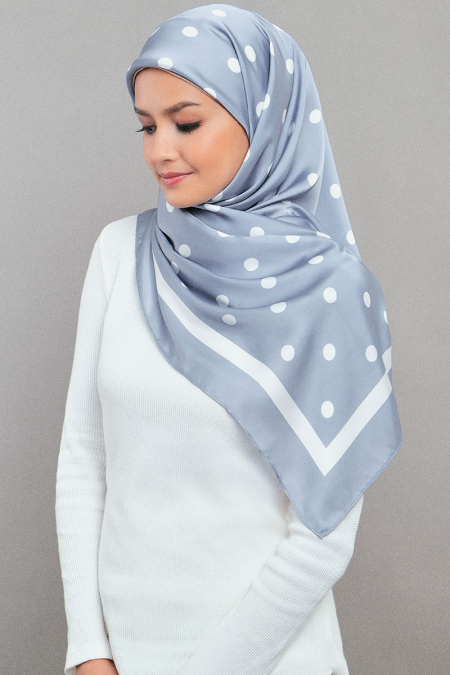 Andie Satin Printed Square Headscarf - Blue/White Dots