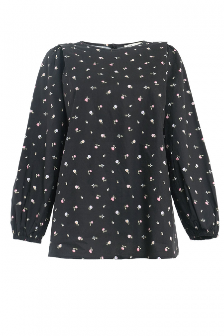 Linayah Flared Blouse - Black Mini Flower