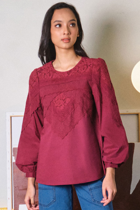 Divina Puff Shoulder Blouse - Maroon