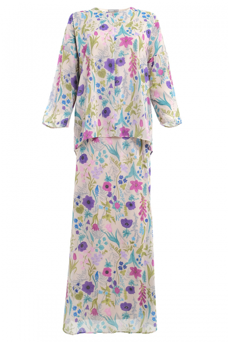 Sentosa Blouse & Skirt - Beige/Purple Fleur
