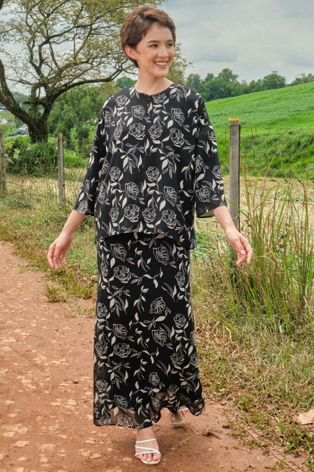 Sentosa Blouse & Skirt - Black/Beige Floral