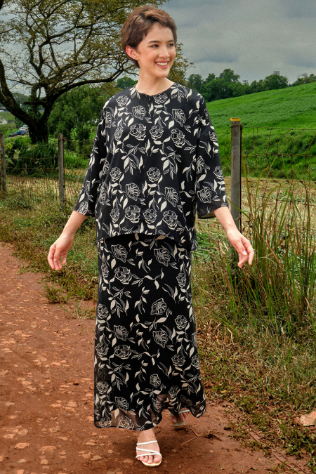 Sentosa Blouse & Skirt - Black/Beige Floral