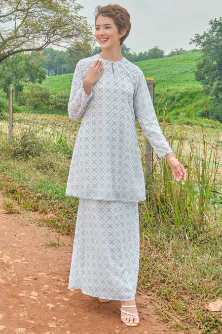 Duyong Blouse & Skirt - Soft Blue Geometric