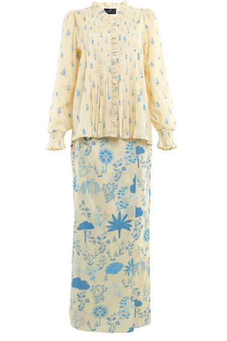 COTTON Gurindam Blouse & Skirt - Cornsilk/Blue