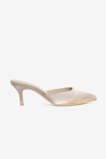 PRE-ORDER Maheen Satin Mule Heels - Silver Mink