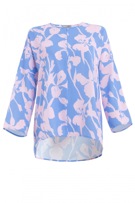 Raihanab Zip-Front Blouse - Blue/Pink Floral