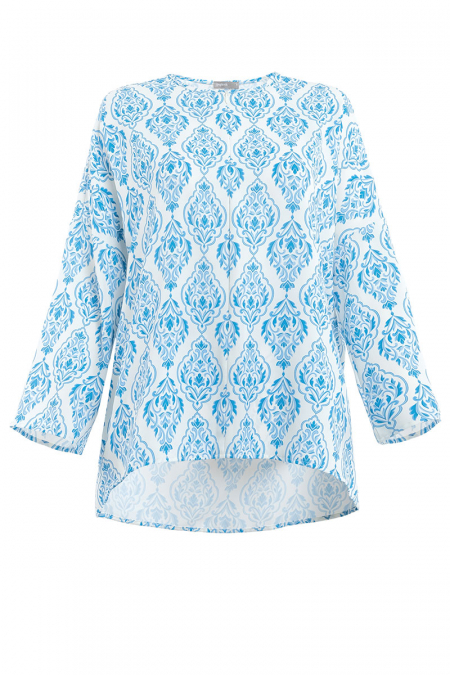 Raihanab Zip-Front Blouse - Cream/Blue Damask