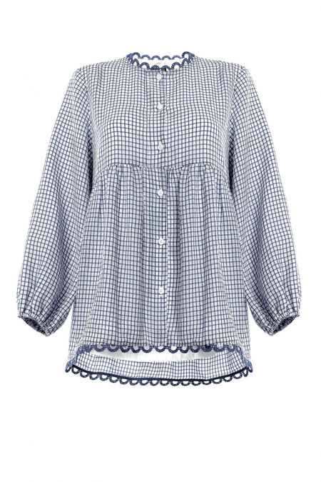 Hanija Front Button Blouse - Navy Check