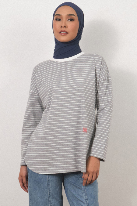 College Drop Shoulder Stripe Tee - Heather Grey/White Stripe
