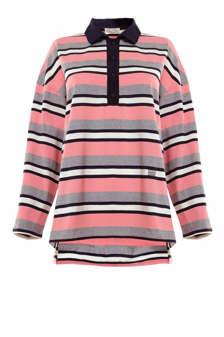 Rowe Drop Shoulder Polo Top - Pink Stripe