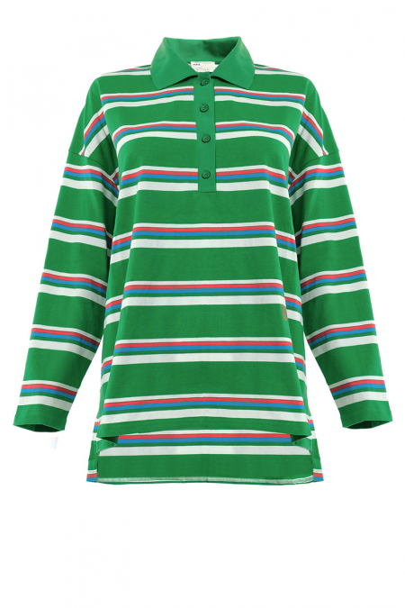 Rowe Drop Shoulder Polo Top - Green Stripe