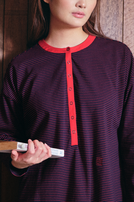 Westport Henley Top - Navy/Red Stripe